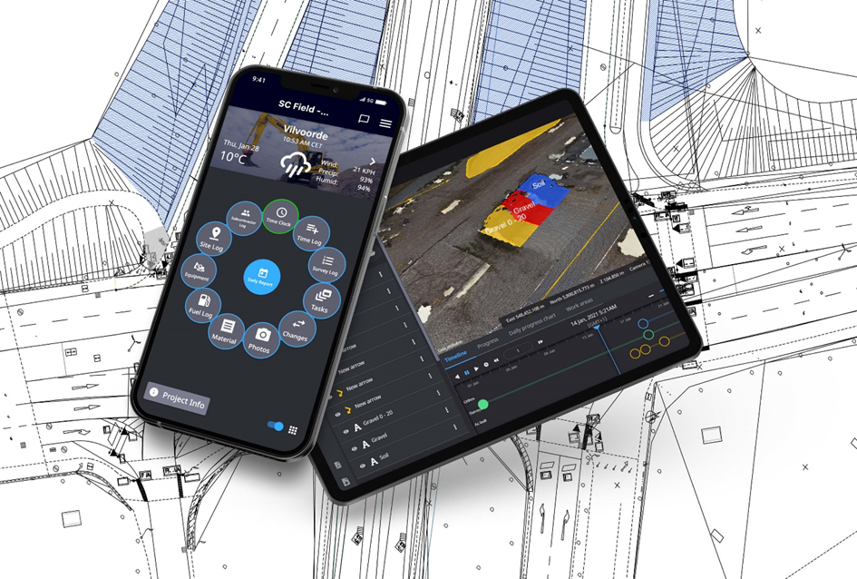 Smart Construction Field and Smart Construction Dashboard being displayed on a phone and tablet